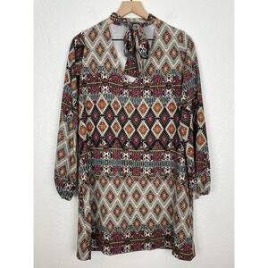 Veronica M. Geometric Print Long Sleeve Tie-Neck Dress Size Medium